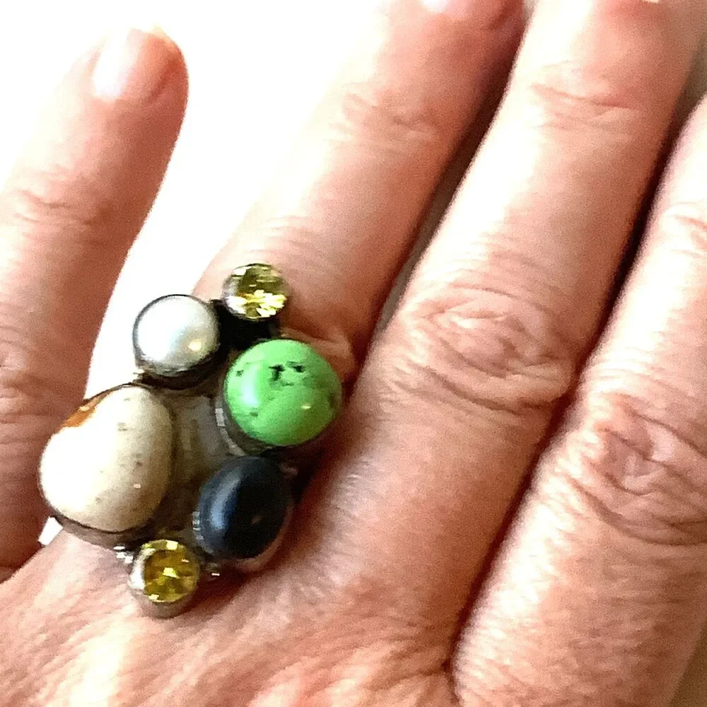 Handcrafted Ring Sterling Silver Vintage Size 8 Multi Stone Cluster Signed 925